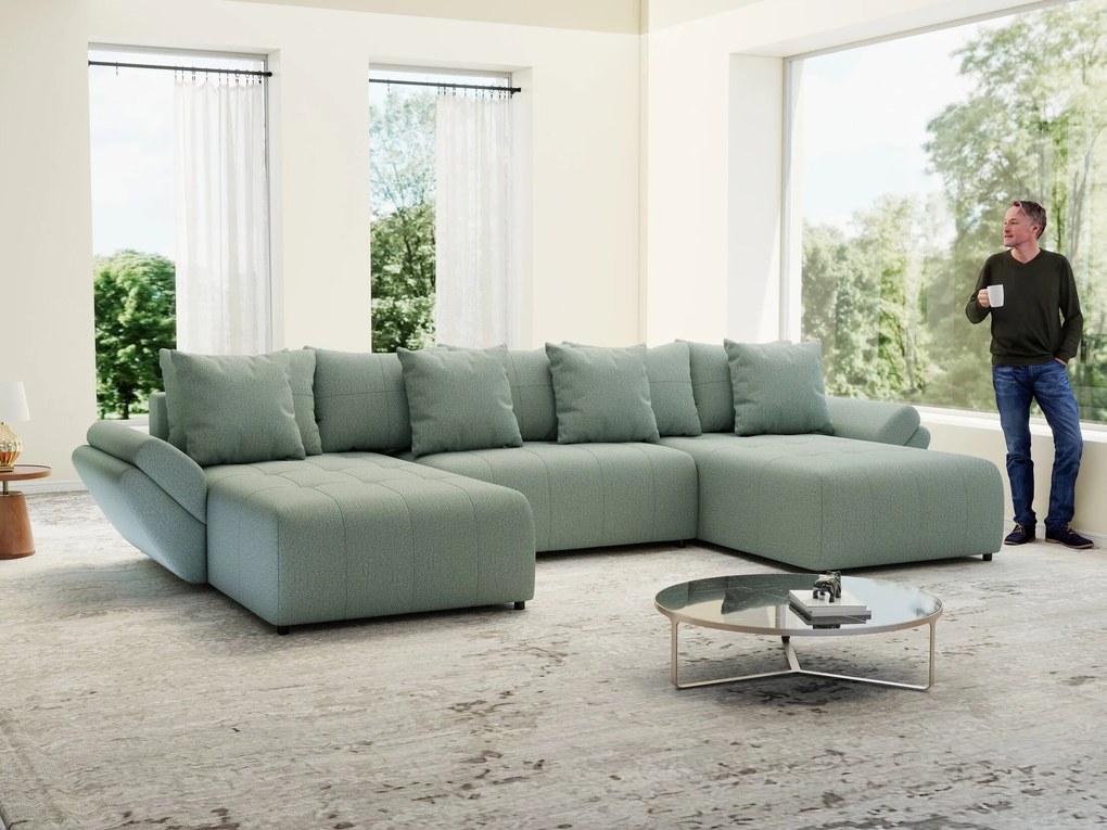 Colțar extensibil dumonde cu ladă de depozitare si sezut confortabil din spuma high-density, Berlin U Enjoy Mint 380x180 cm