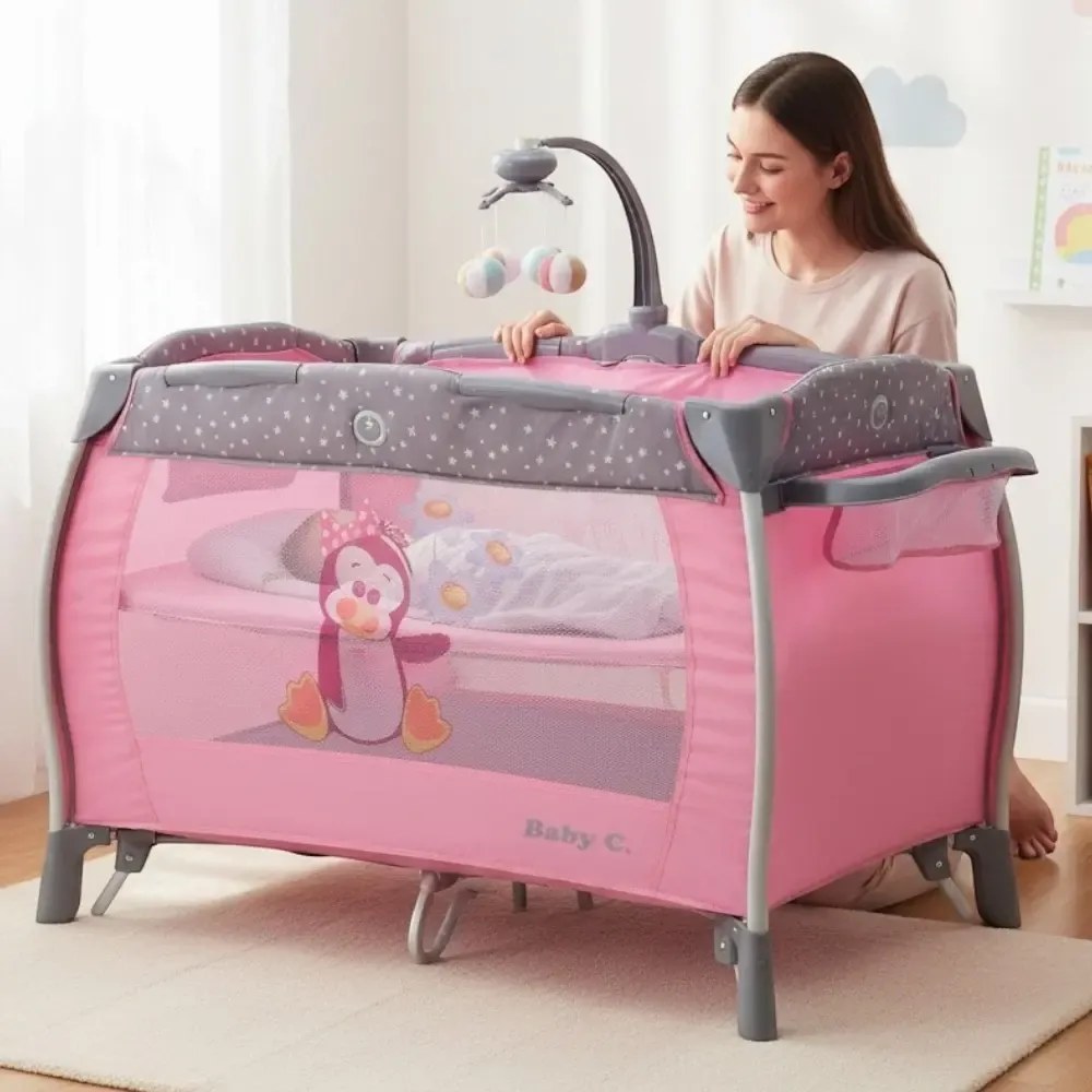 Patut Pliabil rotund cu balansoar, Tarc copii Baby Care™ PRO FRW, 2 Niveluri de inaltime, Cu melodii si Masa infasat, Carusel cu jucarii din plus,
