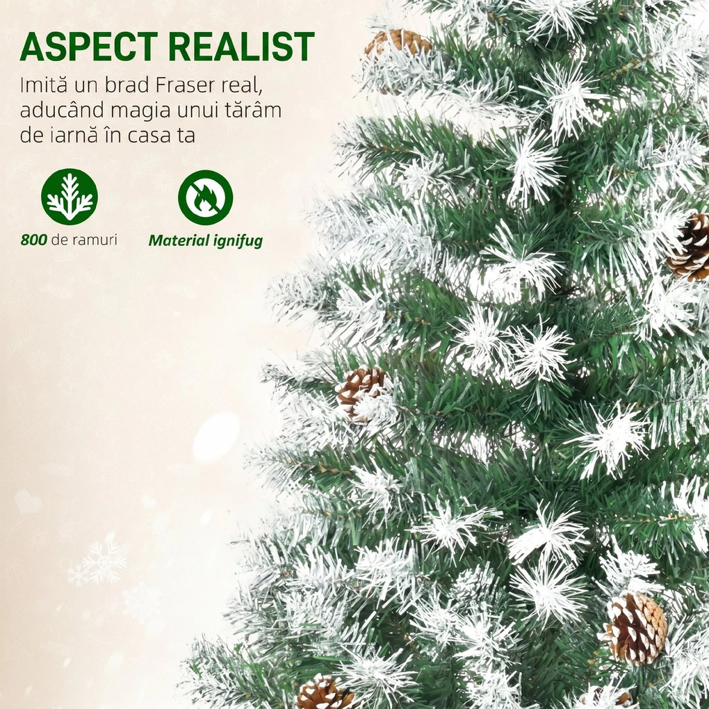 HOMCOM Brad de Crăciun Înzăpezit cu Conuri, Brad Artificial cu Deschidere Automată și Bază Pliabilă, Ø103x180 cm, Verde | Aosom Romania