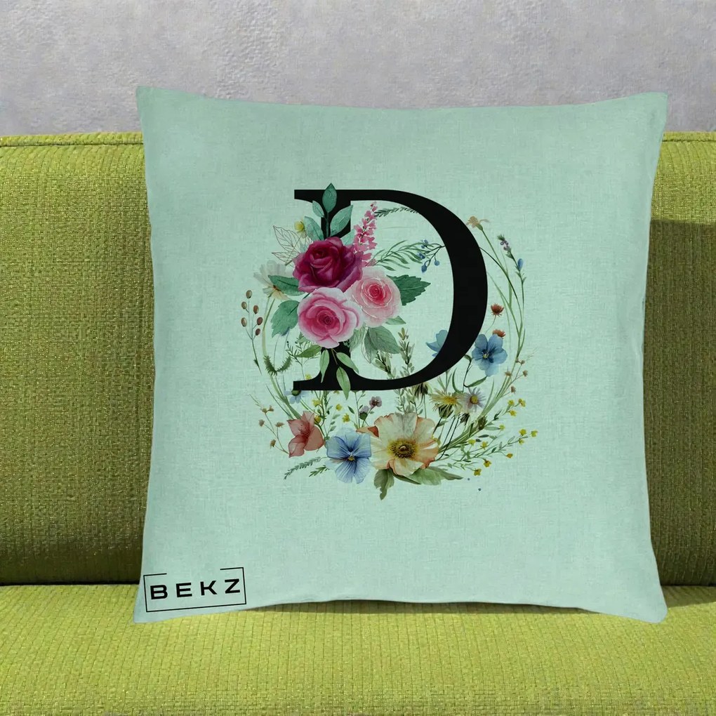 Cadou Personalizat - Perna Personalizata Monogram Litera D cu Flori Acuarela, 40x40 cm, Verde Menta, Husa Detasabila, Perna Inclusa, BEKZ®
