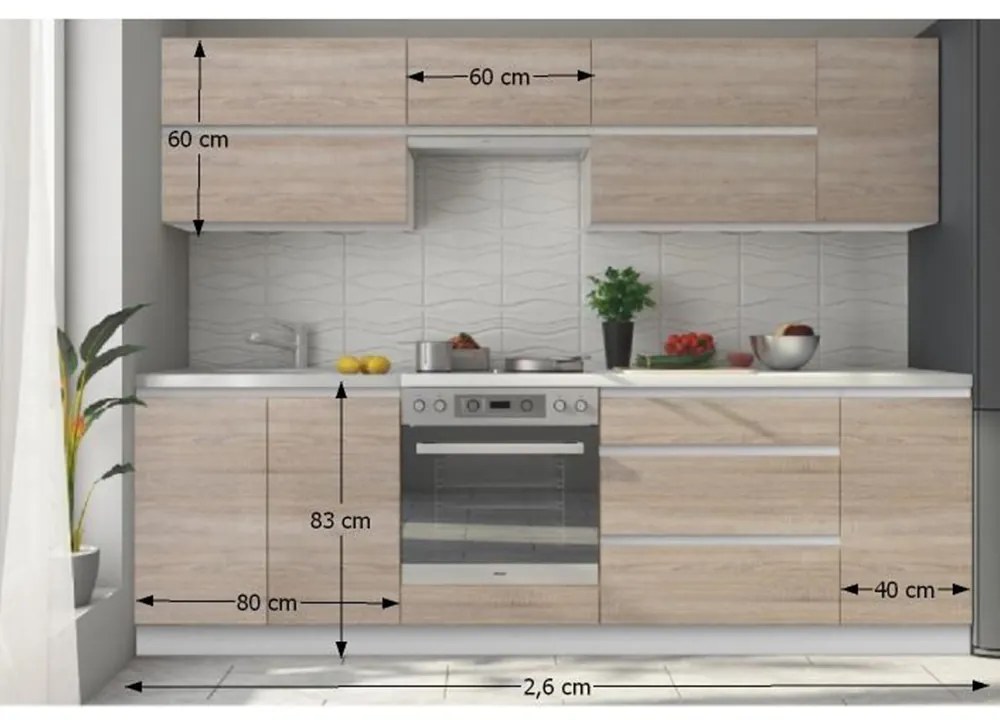 Set bucatarie 2,6 m, alb stejar sonoma, LINE