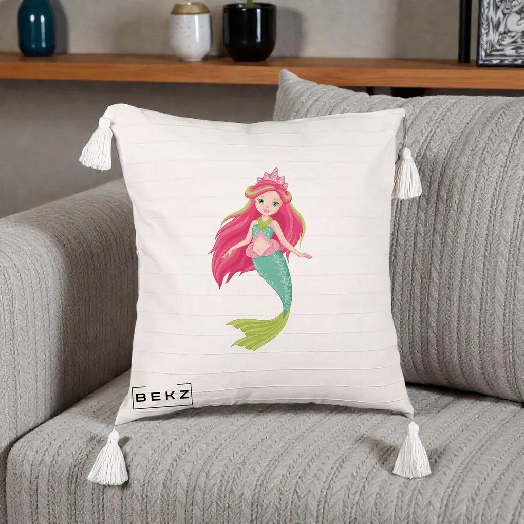 Perna Decorativa Sirena Roz cu Coroana, 40x40 cm, Bej cu Franjuri, Husa Detasabila, Perna Inclusa, BEKZ®
