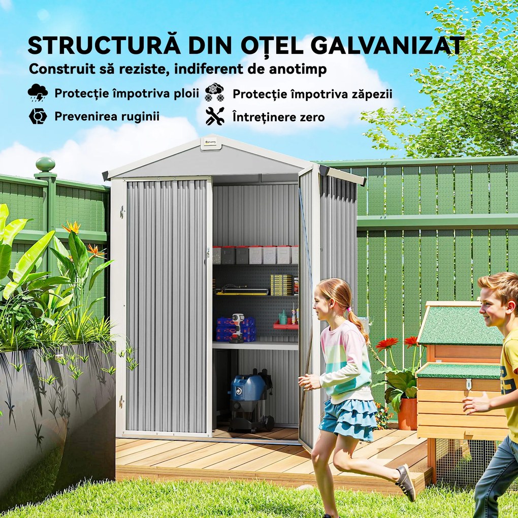 Outsunny Magazie de Grădină 1.1m² din Oțel Zincat, Magazie cu Porți Duble Largi Blocabile, Acoperiș Înclinat, Mănuși, Spațiu pentru Unelte, 133x87x178 cm, Gri Argintiu | Aosom Romania