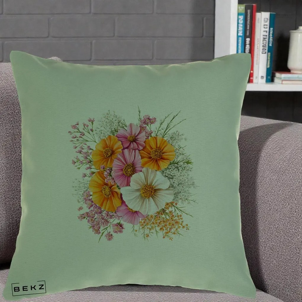 Perna Decorativa Buchet Cosmos Portocaliu Roz si Alb, 40x40 cm, Verde, Husa Detasabila, Perna Inclusa, BEKZ®