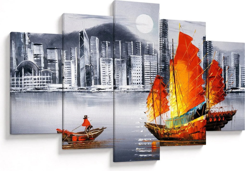 Tablou - Victoria Harbour, Hong Kong, pictură în ulei alb- negru (150x105 cm)