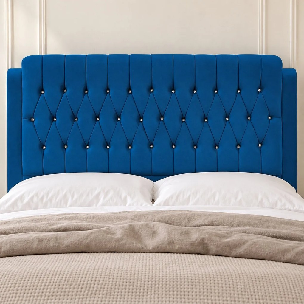 Pat tapițat Chesterfield din catifea Aveline Deluxe 180×200 cm, albastru, cu ladă de depozitare