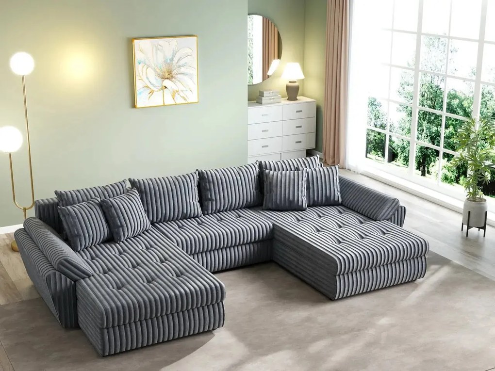 Colțar extensibil dumonde cu ladă de depozitare si sezut confortabil din spuma high-density, Loana U Ambience Grey 355x185 cm