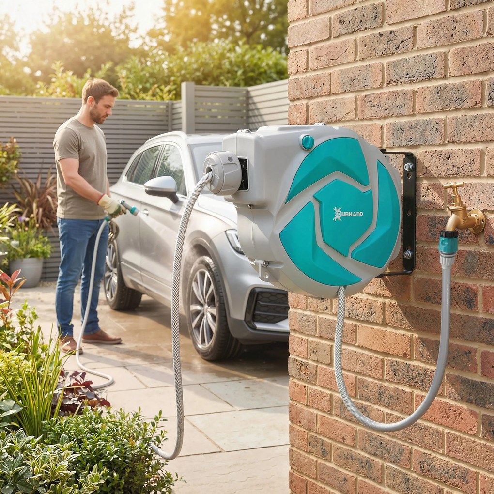 DURHAND Furtun retractabil de perete cu tambur 10+1 m, retractare automată și cap cu 7 funcții, rotativ 180° | Aosom Romania