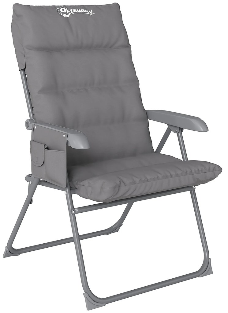 Outsunny Scaun de Camping Pliabil cu Spătar Înalt Reglabil în 5 Poziții și Buzunare Laterale, 66x58x105 cm, Gri Deschis | Aosom Romania