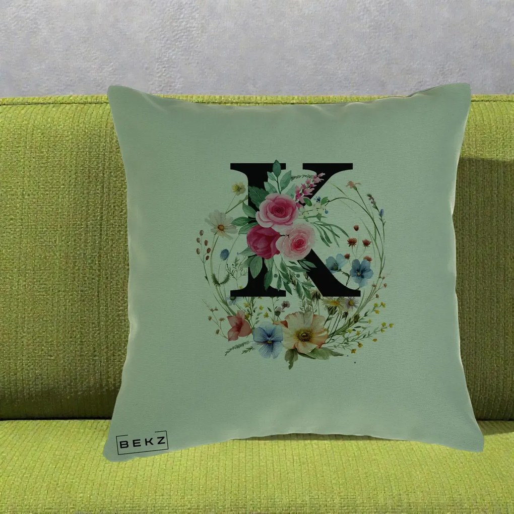 Cadou Personalizat - Perna Personalizata Monogram Litera K cu Flori Acuarela, 40x40 cm, Verde, Husa Detasabila, Perna Inclusa, BEKZ®