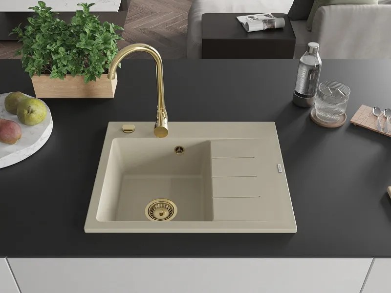 Mexen Ben chiuvetă de granit cu 1 compartiment cu scurgător, stânga 600 x 500 mm, bej, sifon auriu - 6522605000-69-G