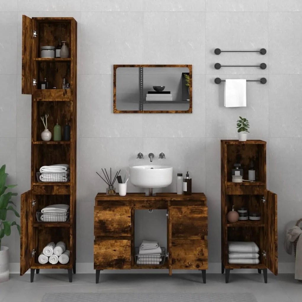 vidaXL Set mobilier de baie, 3 piese, stejar fumuriu, lemn prelucrat