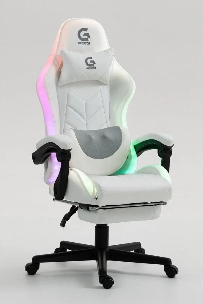 RESIGILAT- Scaun gaming, Masaj cu Role in perna lombara, Boxe bluetooth, sistem iluminare bandă LED RGB, suport picioare, Alb