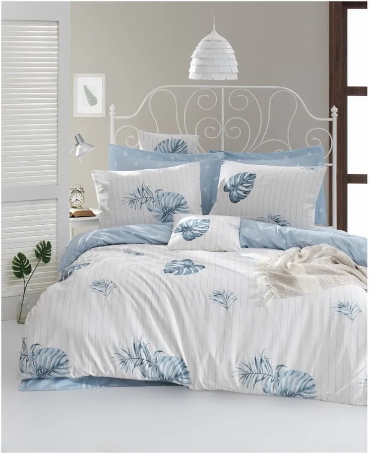 Lenjerie de pat cu cearșaf din bumbac ranforce, pentru pat dublu Mijolnir Terezie Blue, 200 x 220 cm