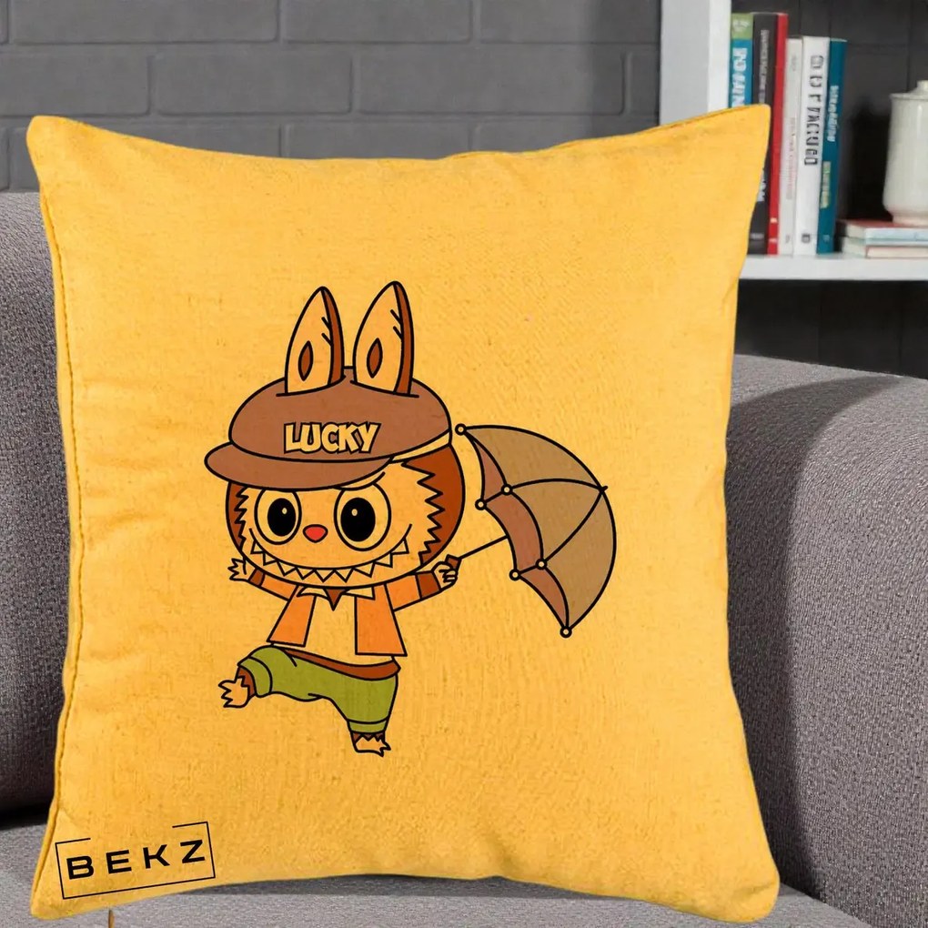 Perna Personalizata Labubu Lucky cu Umbrela, 40x40 cm, Galben, Husa Detasabila, Perna Inclusa, BEKZ®