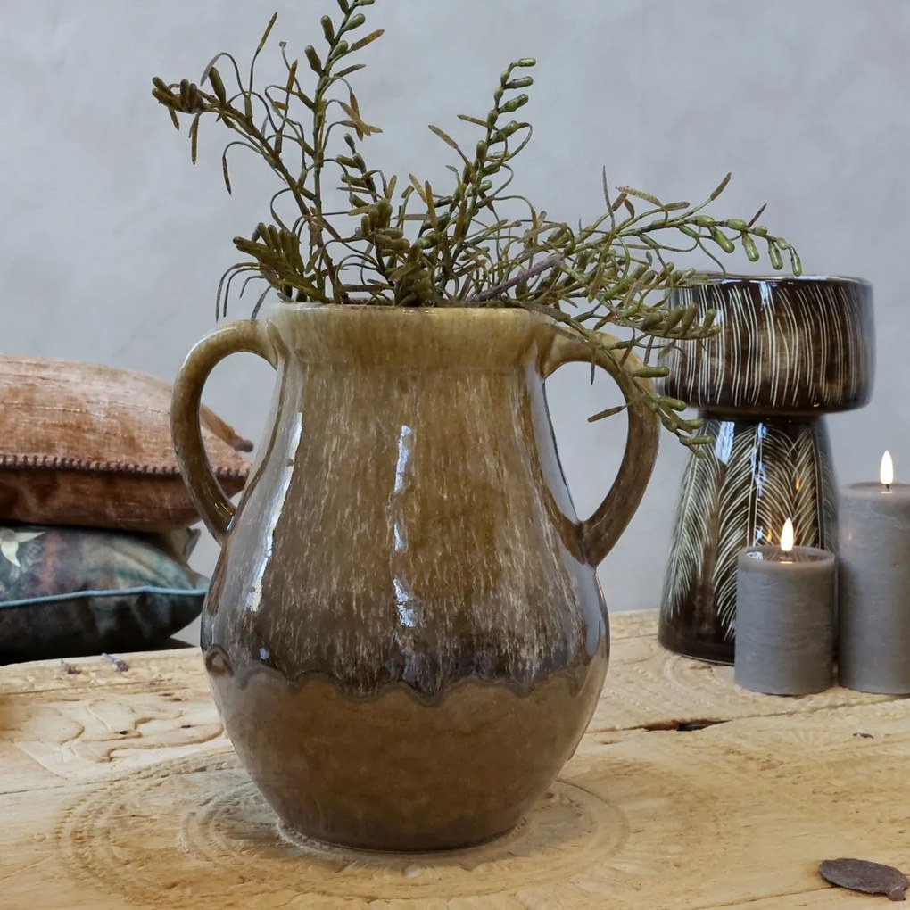 Vază decorativă din ceramică artizanală glazurată verde olive, lucrată manual, cu mâner lateral, 30x23 cm, „Camille"