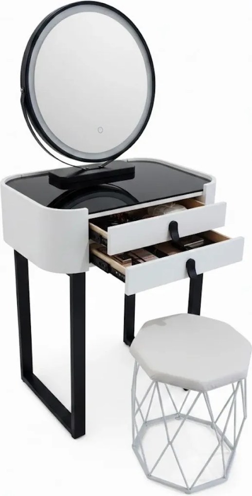 RESIGILAT- Set Bianca, Masă de toaletă pentru machiaj cu oglindă iluminată LED, control touch, taburet tapitat, 60x38x76 cm, Alb/Negru