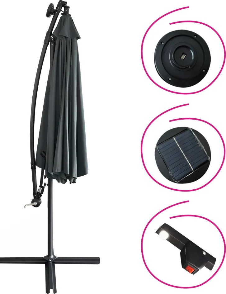 Umbrelă de soare de grădină LED, gri, 3 m, LINDAN