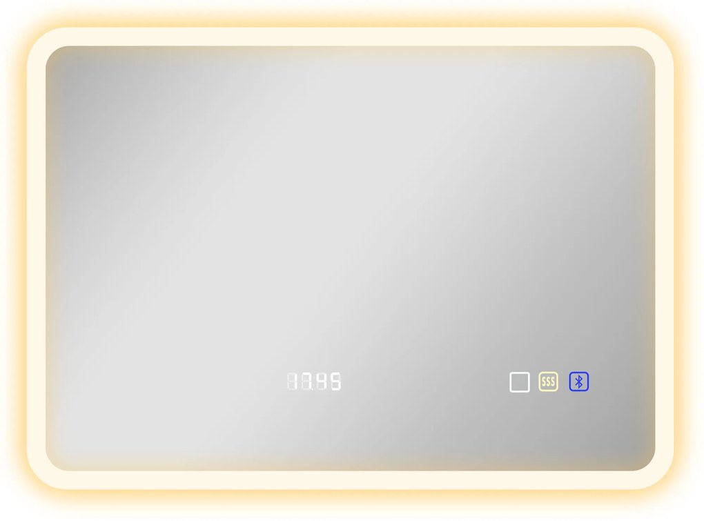 HOMCOM Oglindă de Baie cu Leduri 70x50 cm cu Bluetooth 3 Culori de Lumină Ceas Digital Funcție Anticeață Funcție de Memorie | Aosom Romania