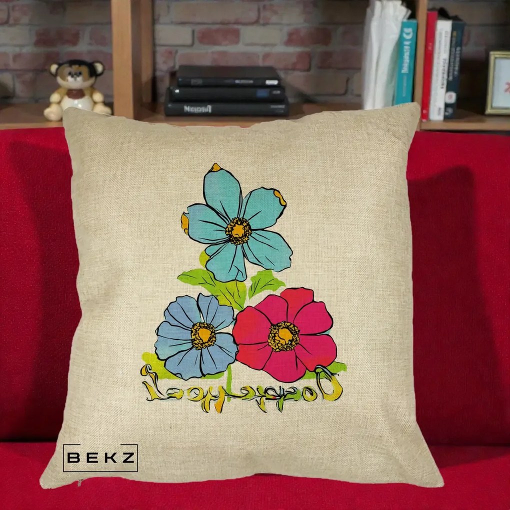Perna Decorativa Trei Flori Grafice Pop Art, 40x40 cm, Crem, Husa Detasabila, Perna Inclusa, BEKZ®