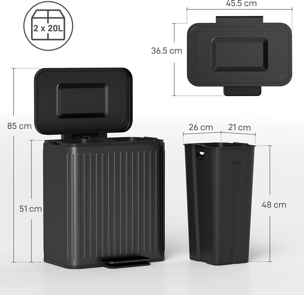 HOMCOM Coș de gunoi pentru bucătărie, 2 x 20 L compartimente, separare eficientă a deșeurilor, pedală, plastic, metal, Negru | Aosom Romania