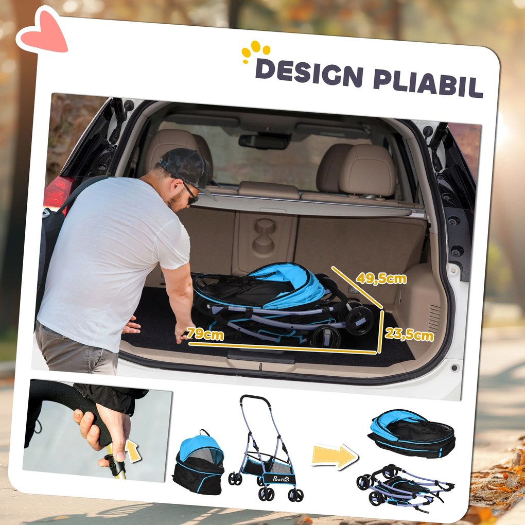 PawHut Cărucior pentru Câini Pliabil și Convertibil în Geantă de Transport cu 2 Lese și Pernă, 82x49.5x98 cm, Albastru | Aosom Romania