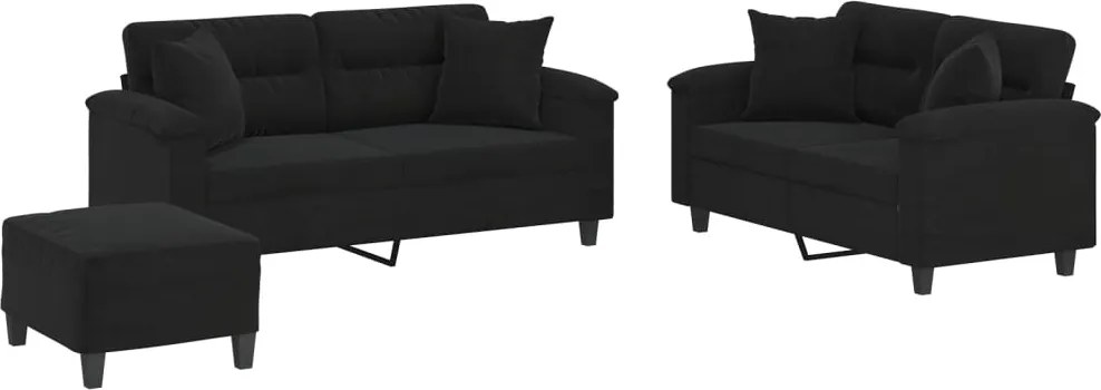 vidaXL Set de canapele cu perne, 3 piese, negru, microfibră
