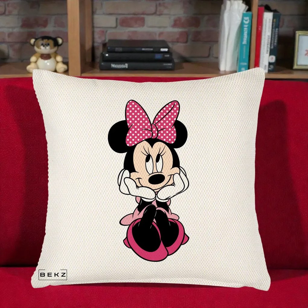 Perna Personalizata Minnie Mouse cu Fundita, 40x40 cm, Crem Reliefat, Husa Detasabila, Perna Inclusa, BEKZ®