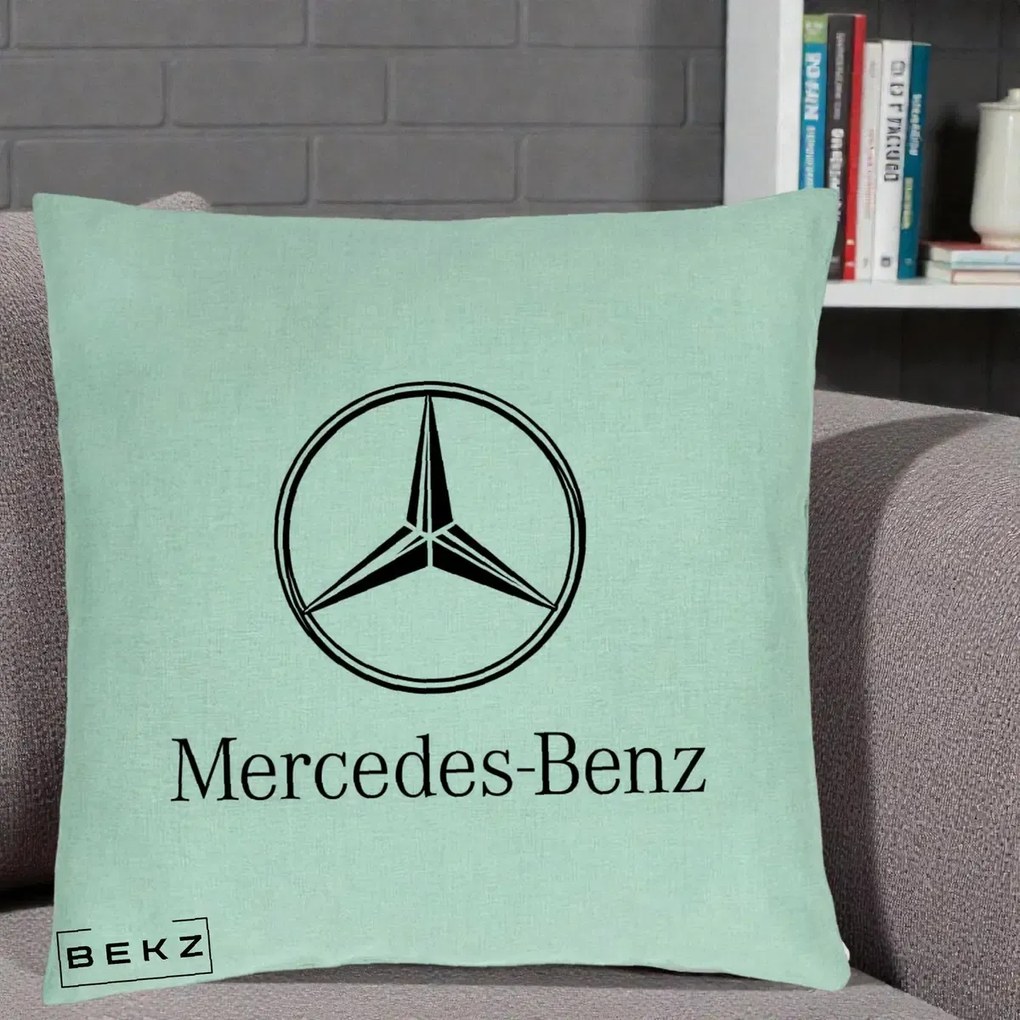 Perna Personalizata cu emblema Mercedes-Benz, 40x40 cm, Verde Menta, Husa Detasabila, Perna Inclusa, BEKZ®