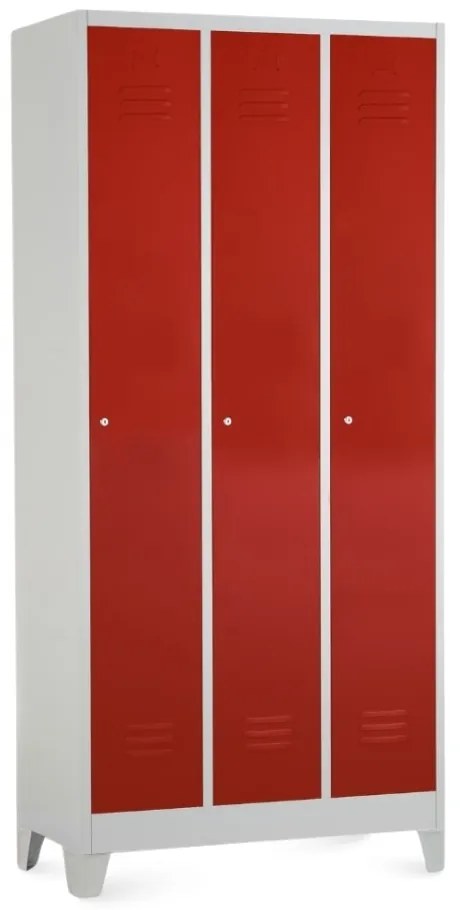 Dulap metalic - 3 compartimente, 90 x 50 x 190 cm, picioare fixe, încuietoare cilindrică, roșu - ral 3000