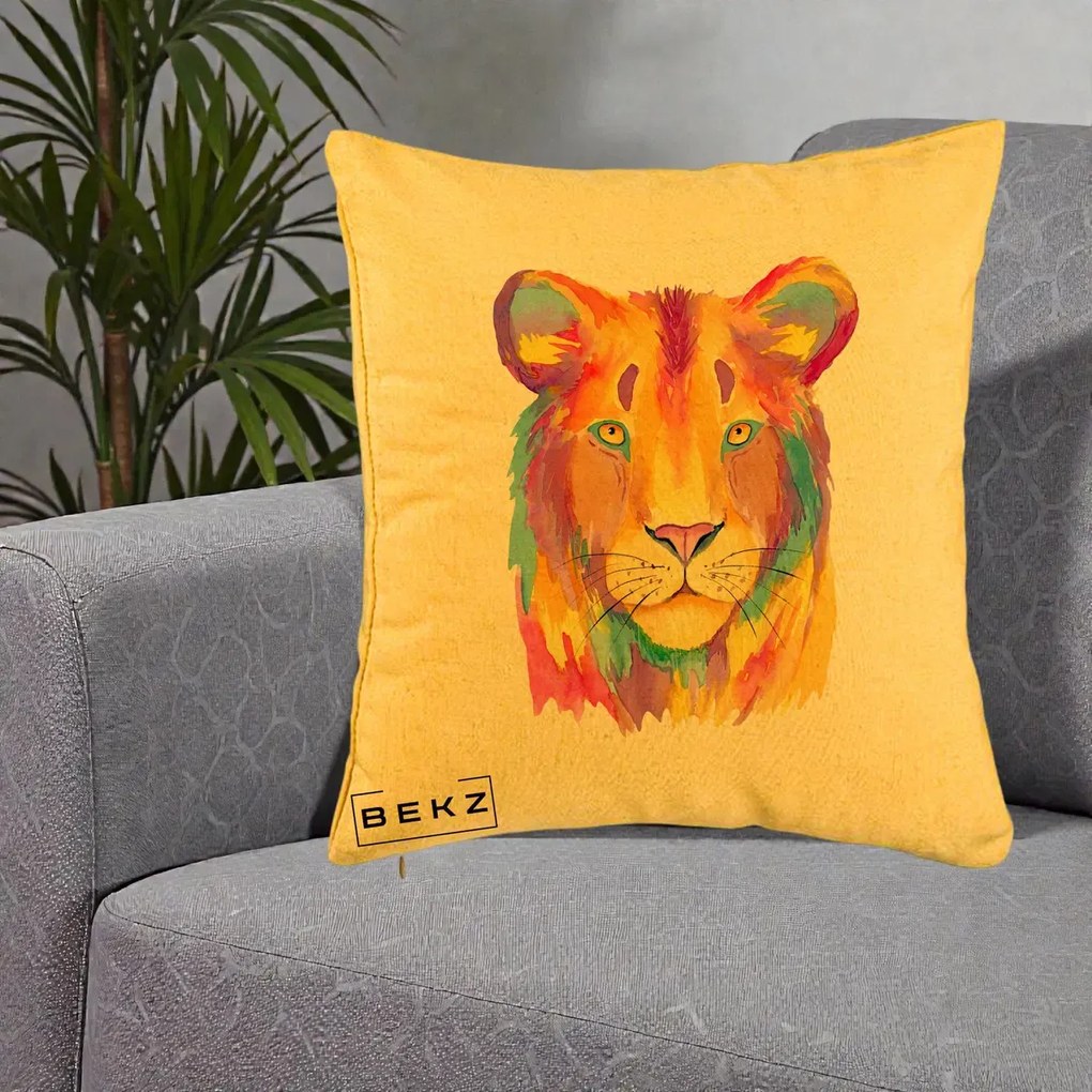 Perna Decorativa Leu Acuarela Curcubeu, 40x40 cm, Galben, Husa Detasabila, Perna Inclusa, BEKZ®