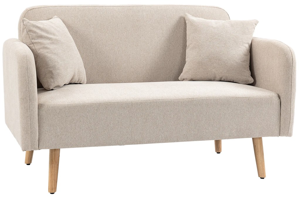 HOMCOM Canapea cu 2 locuri, Canapea, Design Modern, Incl. 2 Perne, Picioare din Lemn, 130 x 70 x 80 cm, Crem | Aosom Romania