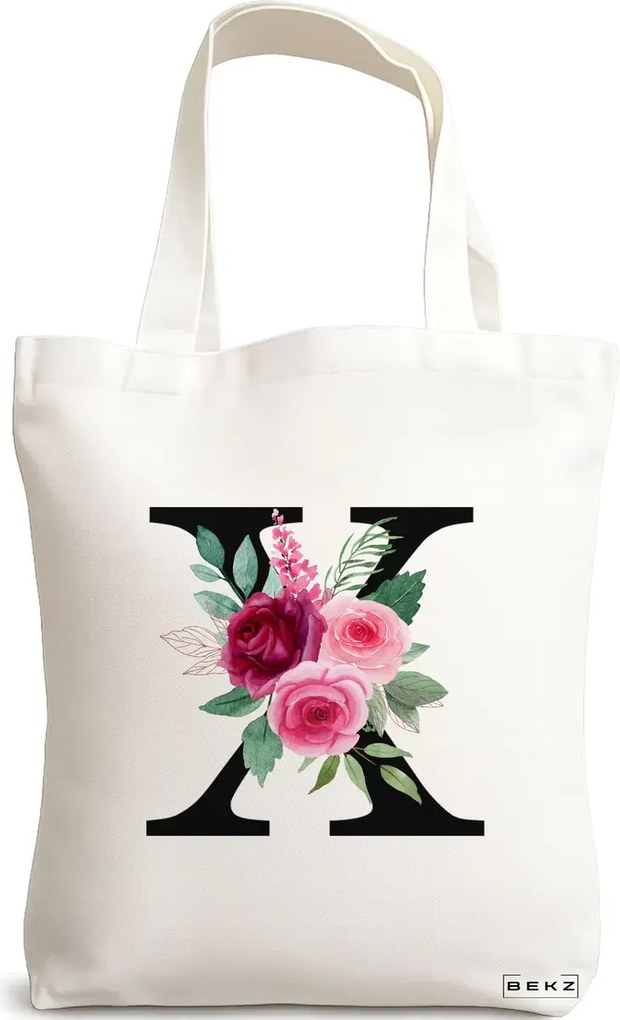 Sacosa de Panza pentru Cumparaturi, Geanta Tote, Cu litera X si Trandafiri, 38x34.5 cm, Alba, BEKZ®