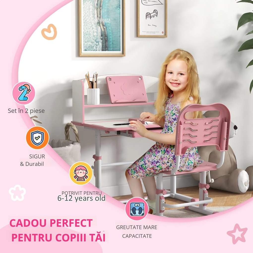 Set Birou si Scaun pentru Copii Reglabil in Inaltime cu Sertar, Raft pentru Carti, pentru 6-12 ani - Roz ZONEKIZ | Aosom Romania