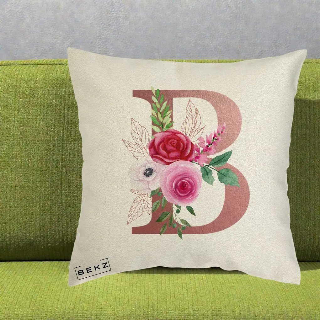 Cadou Personalizat - Perna Personalizata Monograma Rose Gold Litera B, 40x40 cm, Ecru, Husa Detasabila, Perna Inclusa, BEKZ®