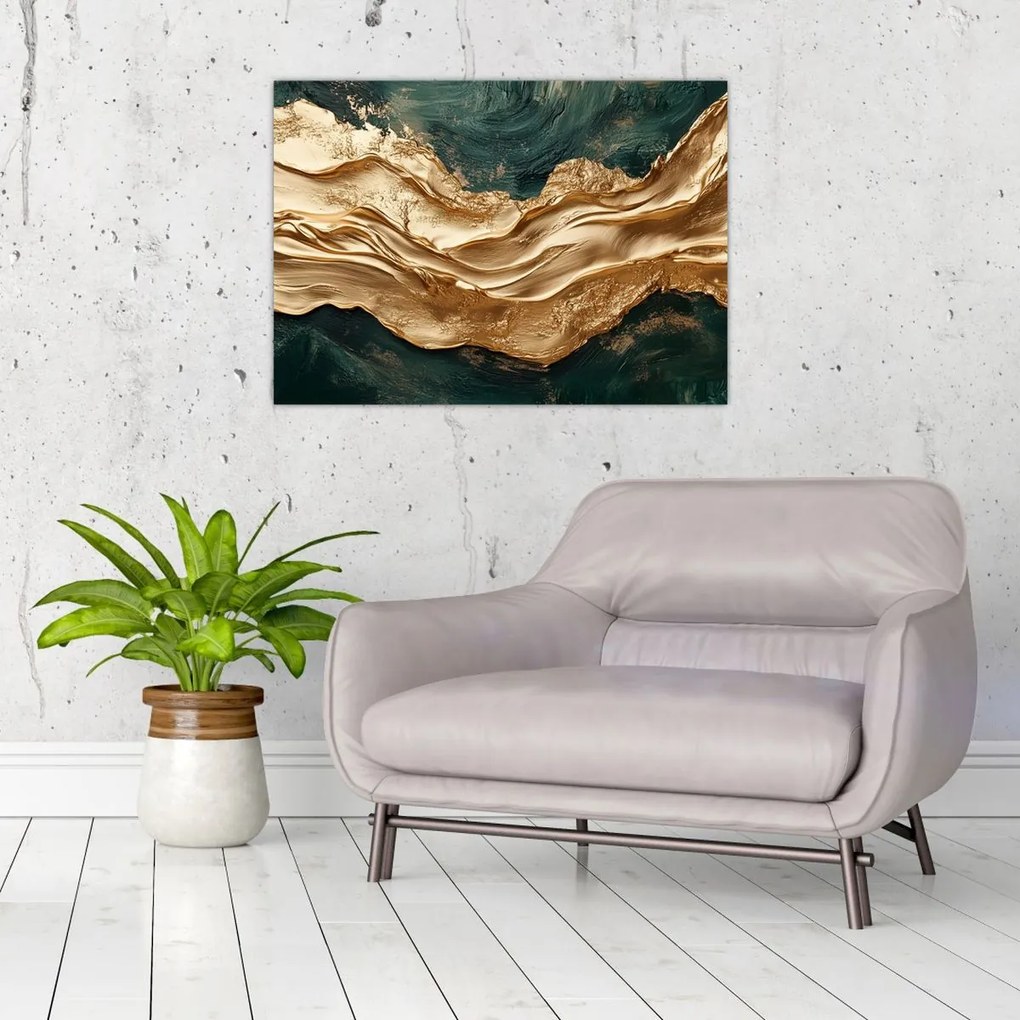 Tablou pe sticlă - Abstracție verde cu auriu II. (70x50 cm)