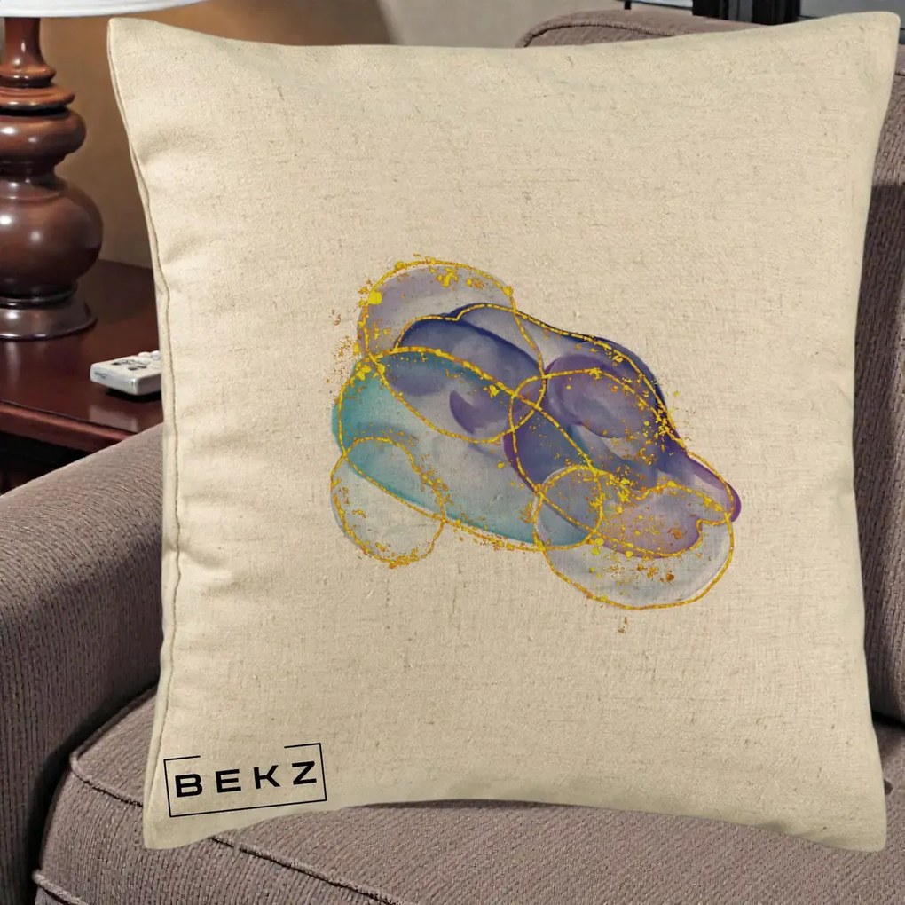Perna Decorativa Abstract Acuarela Albastru-Mov cu Cercuri Aurii, 40x40 cm, Bej, Husa Detasabila, Perna Inclusa, BEKZ®