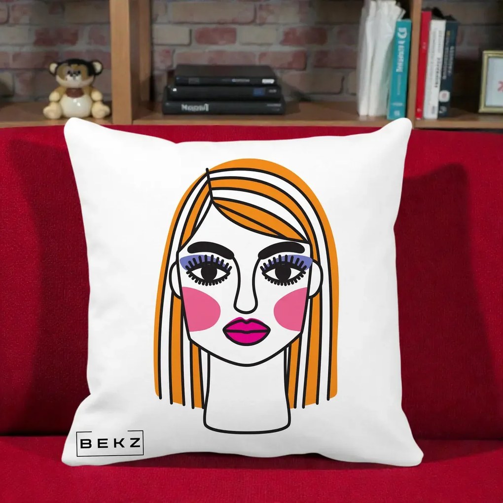 Perna Decorativa Portret Pop Art Fata, 40x40 cm, Alba Mata, Husa Detasabila, Perna Inclusa, BEKZ®