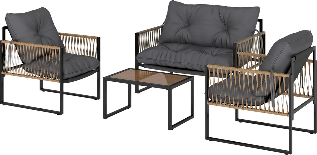 Outsunny Set mobilier grădină, 4 piese, canapea, 2 scaune, masă cu blat din sticlă, cadru metalic, polyratan, antracit | Aosom Romania