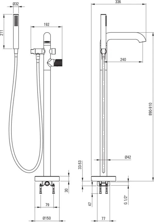🛁 Baterie freestanding pentru cadă SILIA HEXA, cu set de duș – Finisaj auriu periat – Cod BHS_R17M