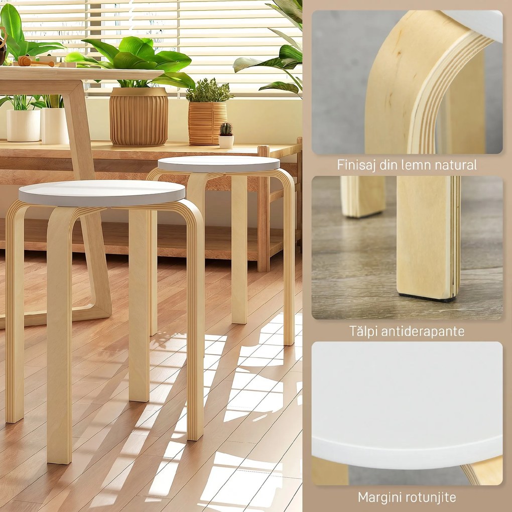 HOMCOM Set de Scaune Stivuibile pentru 4 Persoane, Scaune Moderne de Stivuire, Scaune Rotunde fără Spate, 40x40x45 cm, Lemn Natural | Aosom Romania
