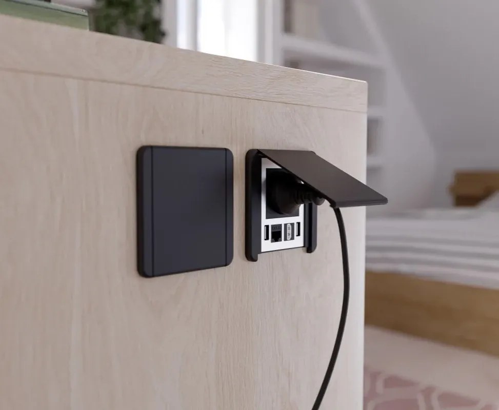 Priză încorporabilă în blat Flip GTV, 1 priză Schuko, 2 x USB A, HDMI, RJ45, negru, 92 x 98 mm Negru, Aluminiu/Plastic, L:92 mm; l:98 mm