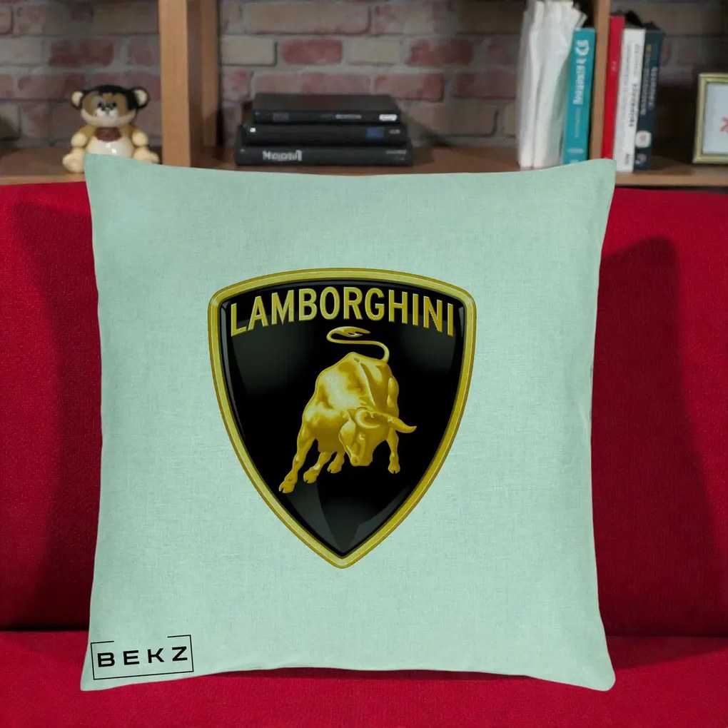 Perna Personalizata cu emblema Lamborghini, 40x40 cm, Verde Menta, Husa Detasabila, Perna Inclusa, BEKZ®