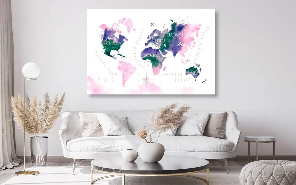 Tablou pe plută harta lumii în design de acuarelă - 90x60 flags