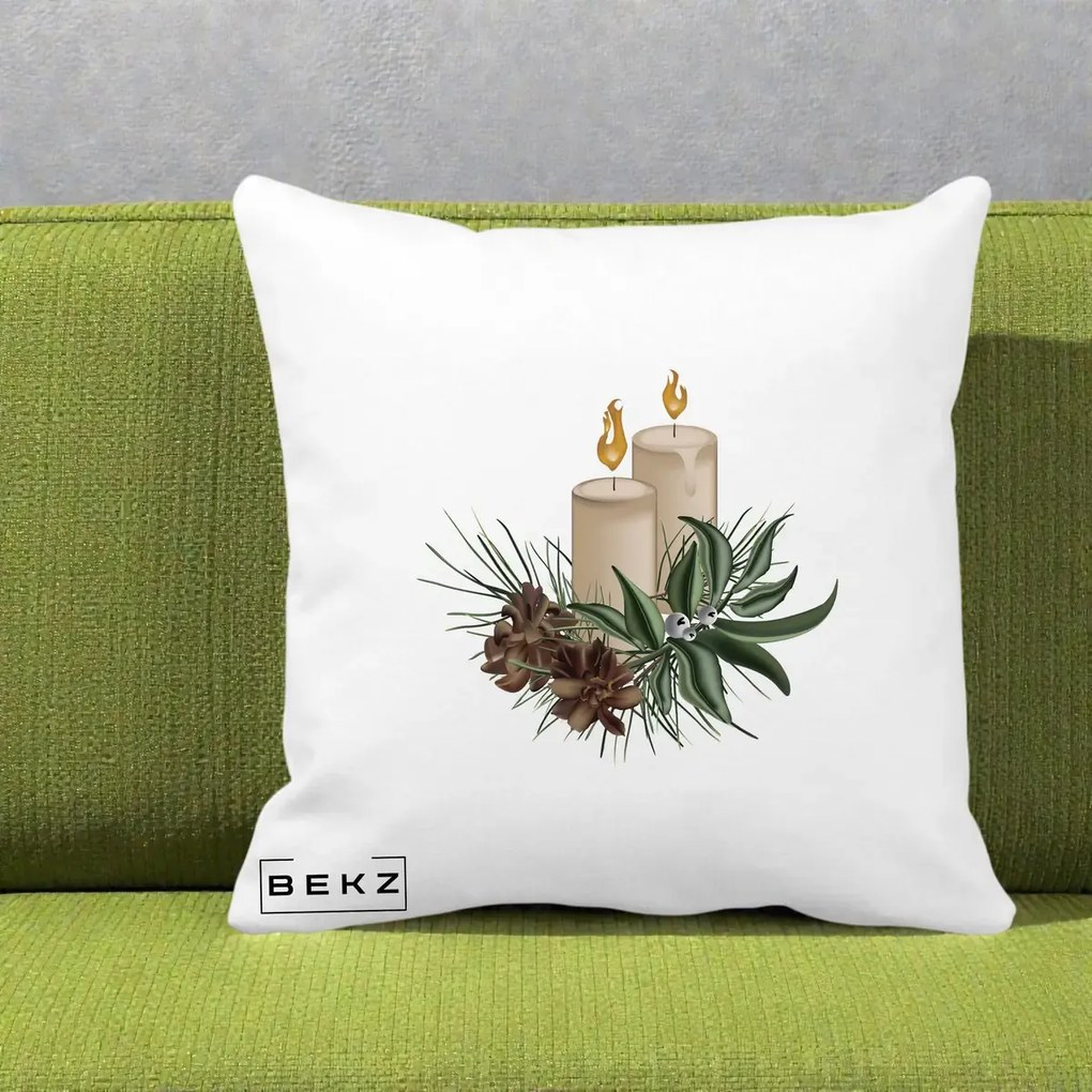Perna Decorativa Lumanari cu Ilex si Conuri Ilustratie, 40x40 cm, Alba Mata, Husa Detasabila, Perna Inclusa, BEKZ®