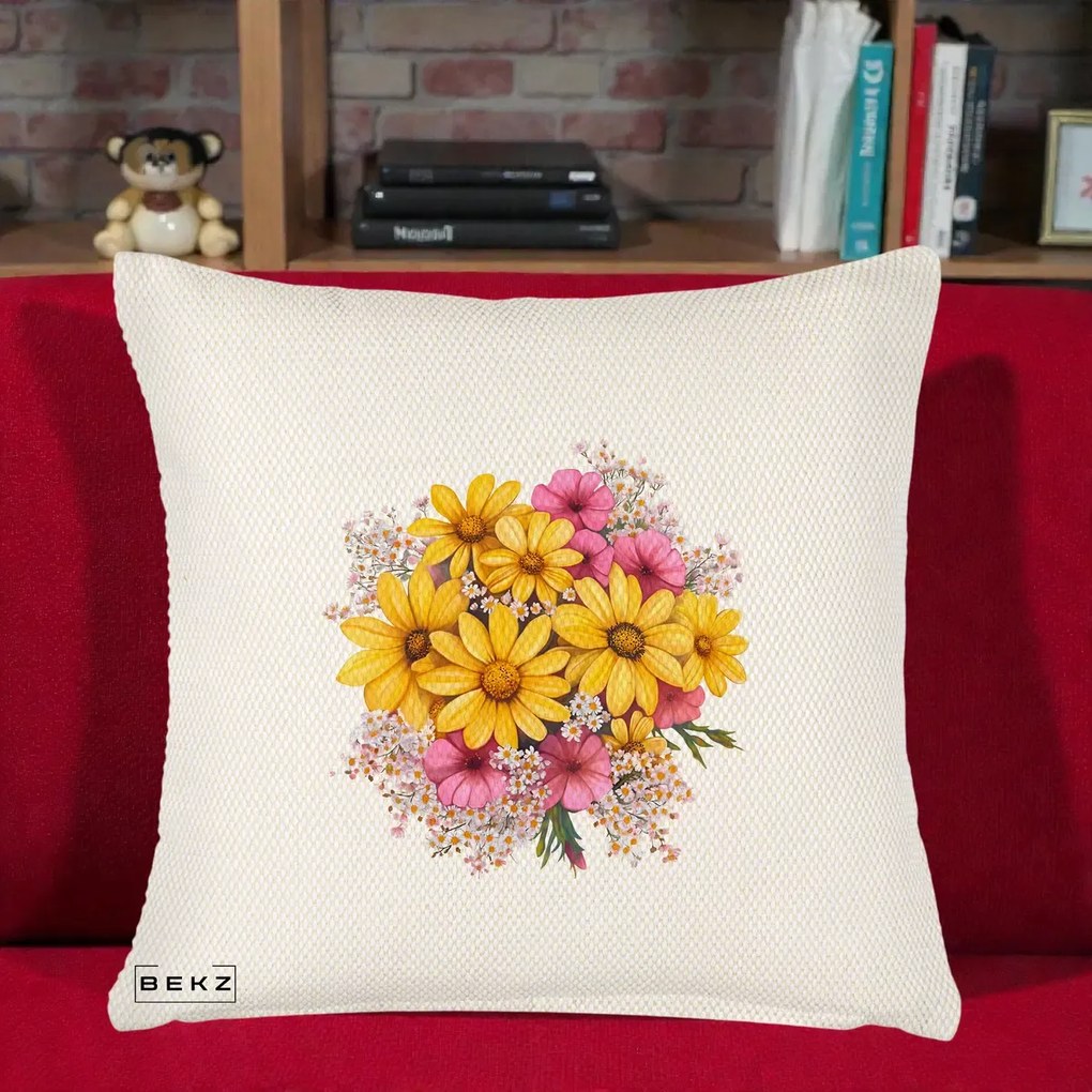 Perna Decorativa Floarea-Soarelui cu Cosmos Roz si Gypsophila, 40x40 cm, Crem Reliefat, Husa Detasabila, Perna Inclusa, BEKZ®