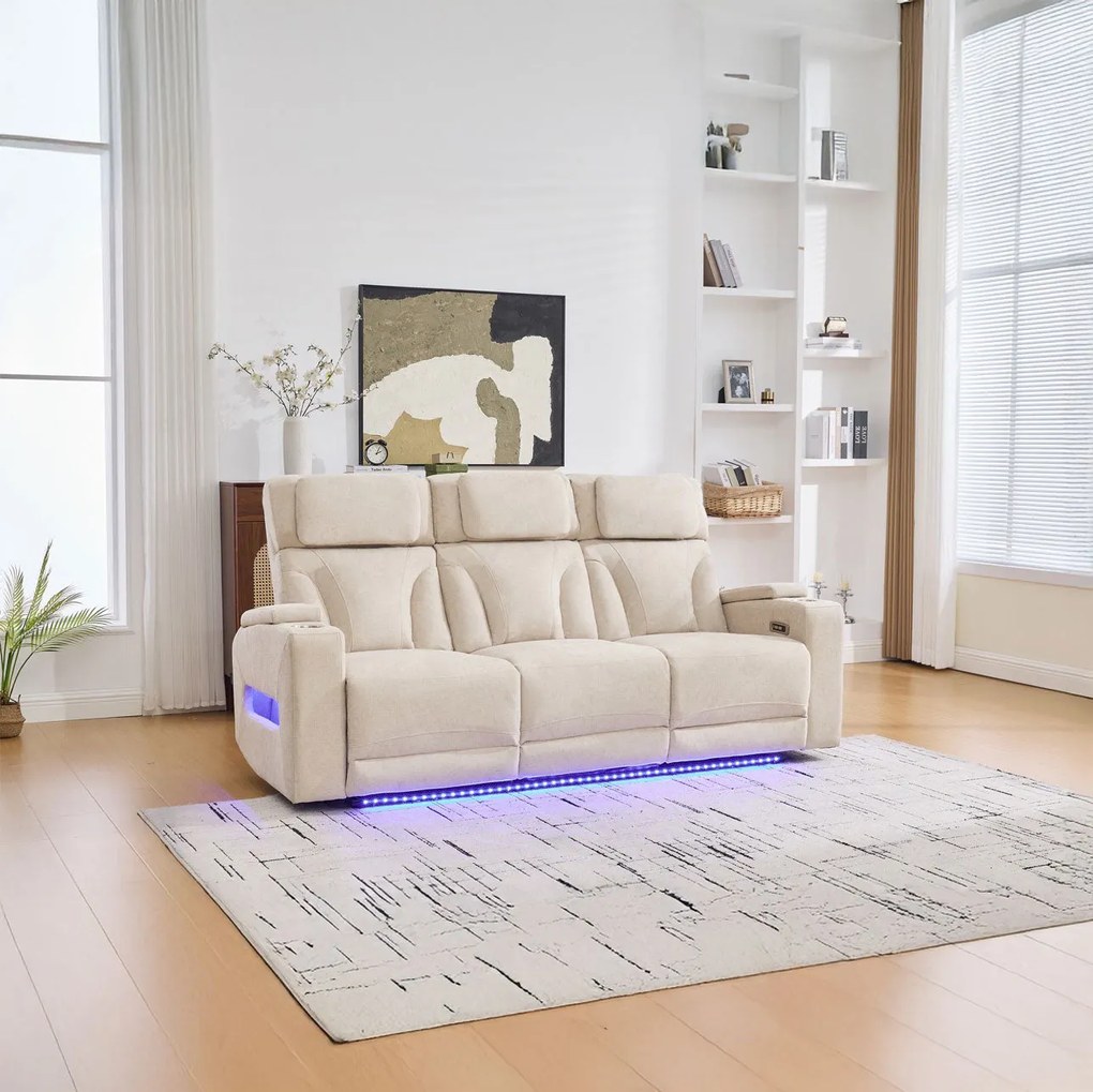 Canapea 3 locuri cu 2 reclinere electrice, masuta, USB-C, suport pahare, lumini de citire, lumini LED, Torven 216x96cm