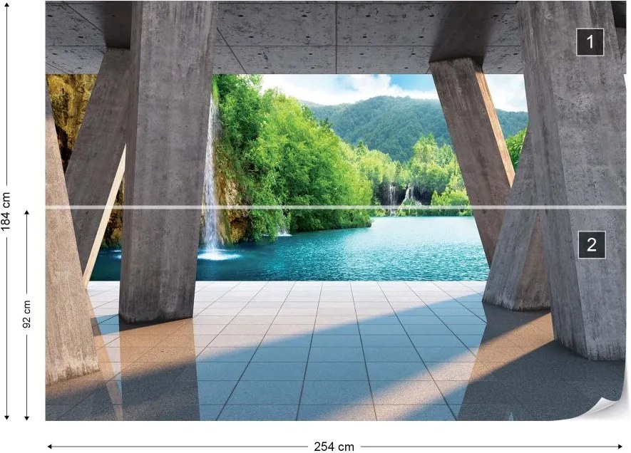 GLIX Fototapet - Waterfall Lake 3D Modern View Concrete Vliesová tapeta  - 254x184 cm
