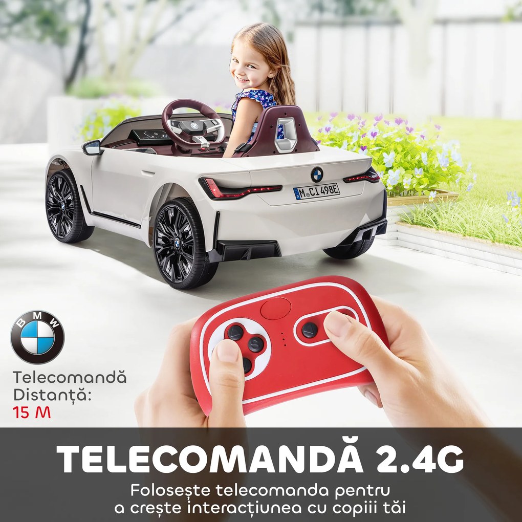 HOMCOM Masinuta Electrica pentru Copii BMW i4 cu Licenta de 12V cu Telecomanda, Baterii Portabile, Muzica, Claxon, pentru 3-6 ani Alb | Aosom Romania