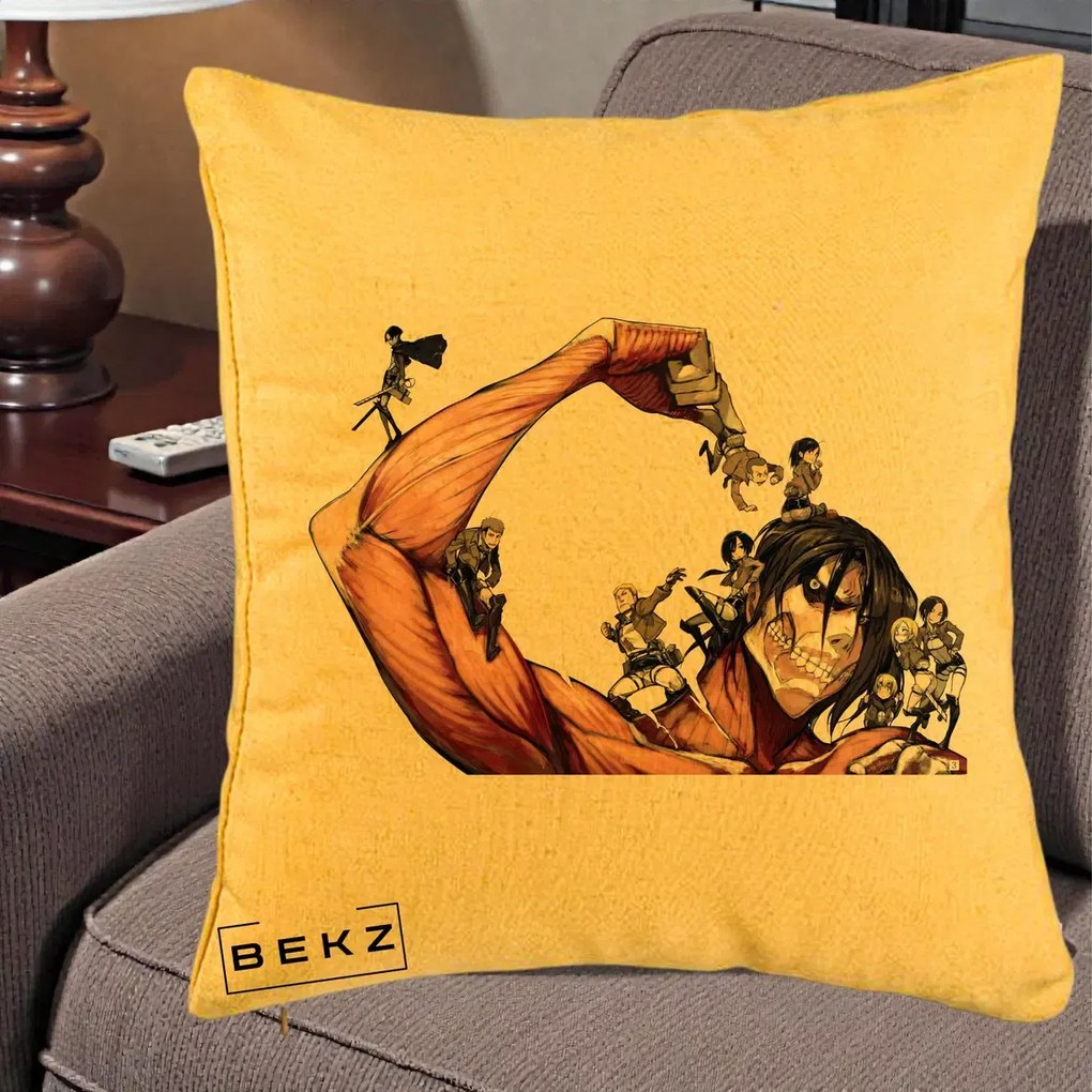Perna Personalizata Attack on Titan Eren Titan Grup, 40x40 cm, Galben, Husa Detasabila, Perna Inclusa, BEKZ®